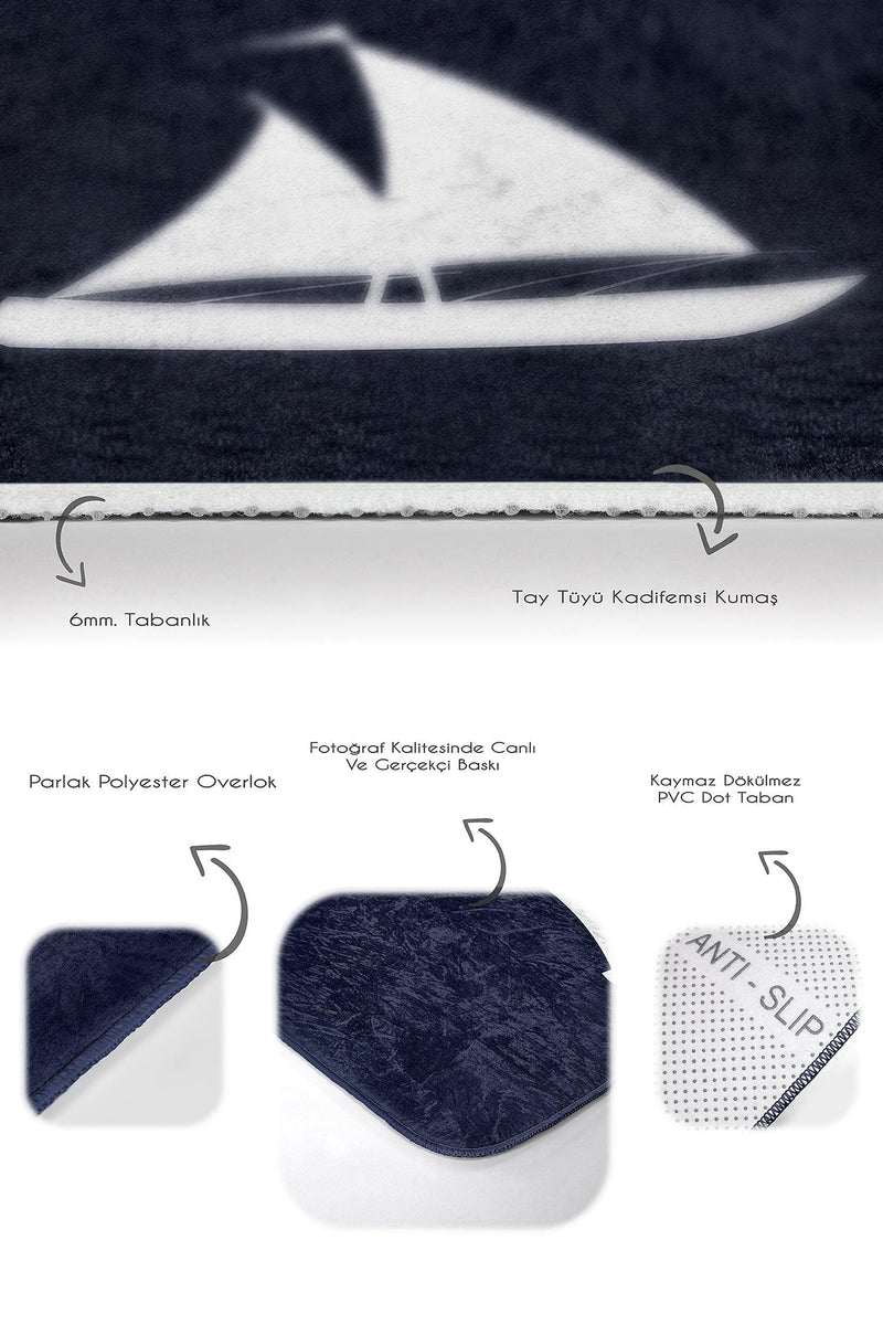 Lacivert Zemin Çapa Kayık Motifli 2li Banyo Halısı Takımı Kaymaz Taban Yıkanabilir Bonvagon
