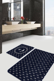 Lacivert Zemin Çapa Tasarımlı Dijital Baskılı 2li Banyo Halısı Takımı Kaymaz Taban Yıkanabilir Bonvagon