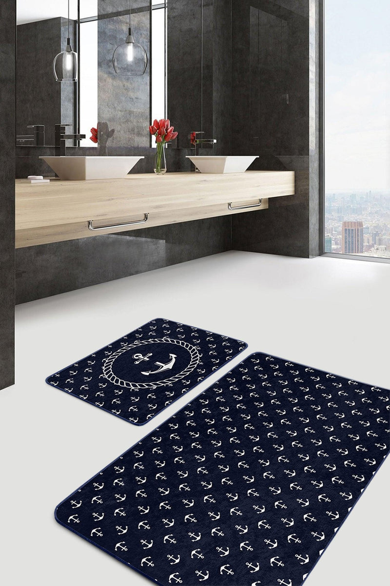 Lacivert Zemin Çapa Tasarımlı Dijital Baskılı 2li Banyo Halısı Takımı Kaymaz Taban Yıkanabilir Bonvagon