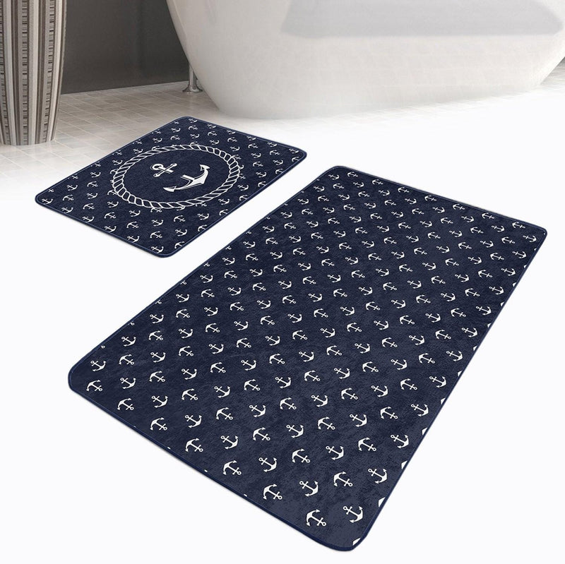 Lacivert Zemin Çapa Tasarımlı Dijital Baskılı 2li Banyo Halısı Takımı Kaymaz Taban Yıkanabilir Bonvagon