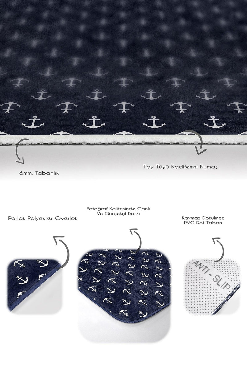 Lacivert Zemin Çapa Tasarımlı Dijital Baskılı 2li Banyo Halısı Takımı Kaymaz Taban Yıkanabilir Bonvagon