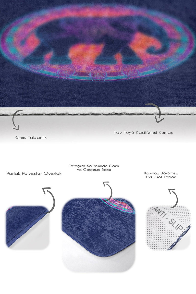 Lacivert Zemin Etnik Fil Motifli 2li Halı Takımı Kaymaz Taban Yıkanabilir Bonvagon