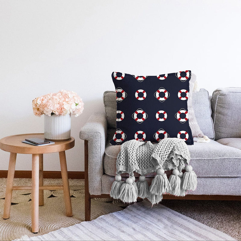 Lacivert Zeminde Denizci Çizimli Dijital Baskılı Modern Raşel Kadife Yastık Kırlent Kılıfı Bonvagon