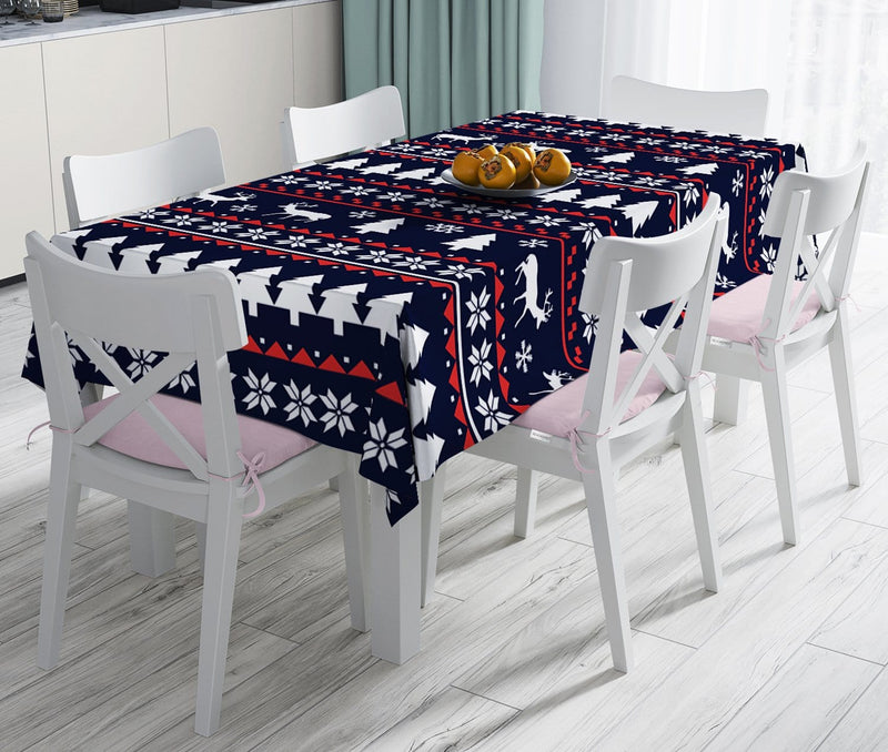 Lacivert Zeminli Ağaç ve Geyik Desenli Dekoratif Leke Tutmaz Masa Örtüsü Bonvagon