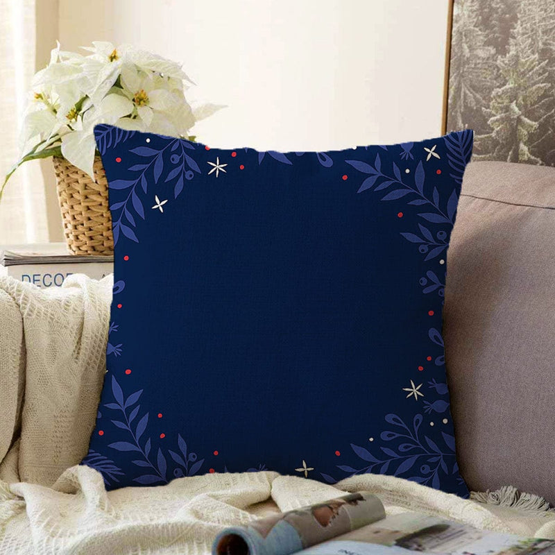Lacivert Zeminli Çiçek Çerçeveli Dijital Baskılı Dekoratif Raşel Kadife Yastık Kırlent Kılıfı Bonvagon