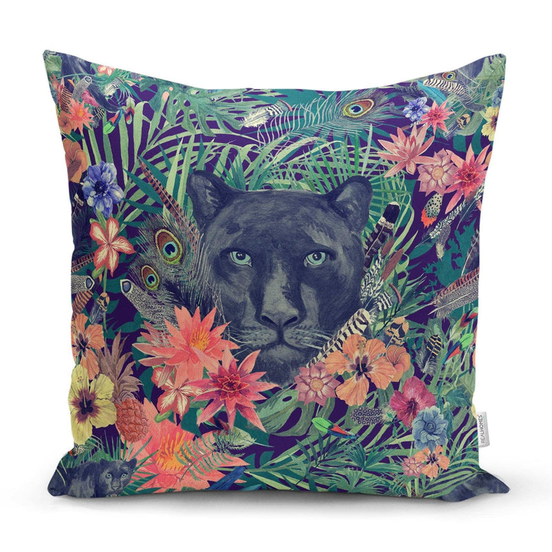 Lacivert Zeminli Leopar Özel Tasarım Dekoratif Yastık Kırlent Kılıfı 43x43cm