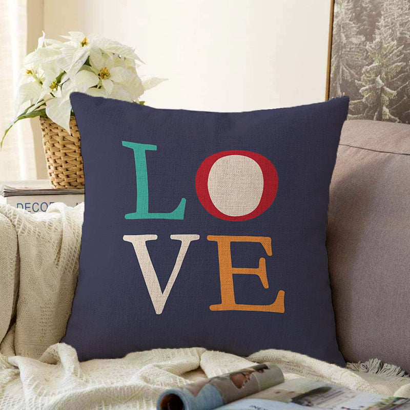 Lacivert Zeminli Love Dijital Baskılı Şönil Yastık Kırlent Kılıfı Bonvagon