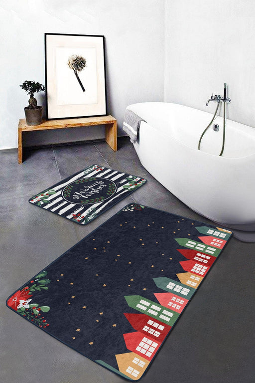 Lacivert Zeminli Renkli Evler Özel Tasarım 2li Banyo Halısı Takımı Kaymaz Taban Yıkanabilir Bonvagon