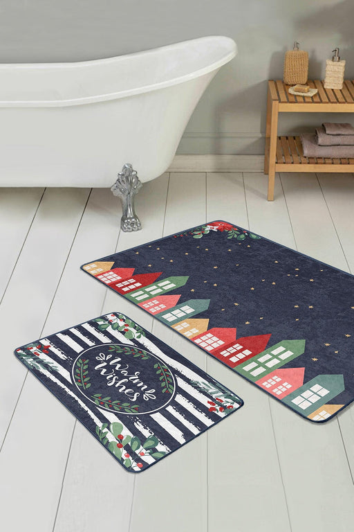 Lacivert Zeminli Renkli Evler Özel Tasarım 2li Banyo Halısı Takımı Kaymaz Taban Yıkanabilir Bonvagon