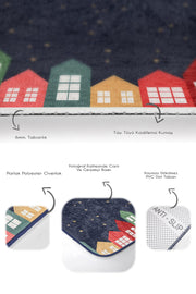 Lacivert Zeminli Renkli Evler Özel Tasarım 2li Banyo Halısı Takımı Kaymaz Taban Yıkanabilir Bonvagon