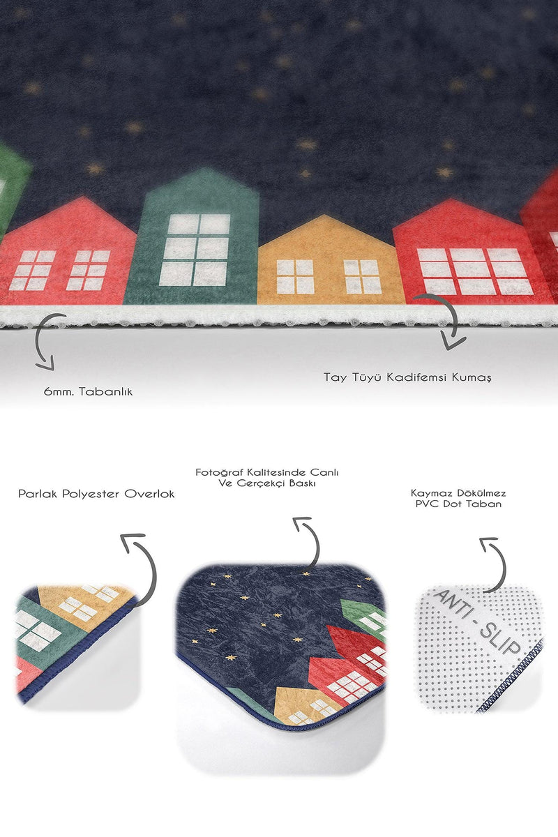 Lacivert Zeminli Renkli Evler Özel Tasarım 2li Banyo Halısı Takımı Kaymaz Taban Yıkanabilir Bonvagon