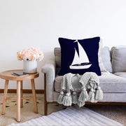 Lacivert Zeminli Yelken Desenli Dijital Baskılı Modern Raşel Kadife Yastık Kırlent Kılıfı Bonvagon