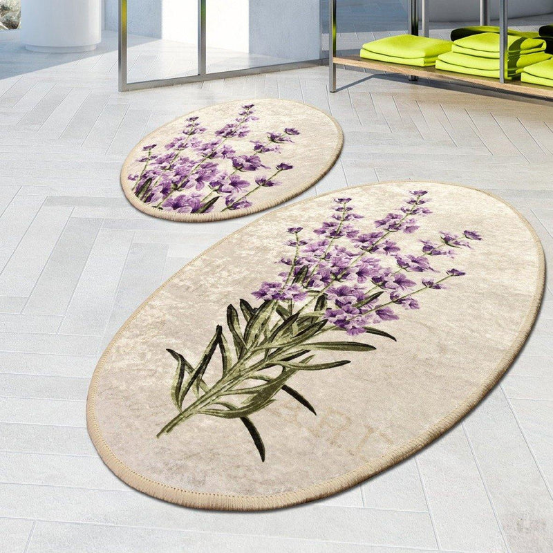 Lavender Dijital Baskılı 2li Set Banyo Halısı, Kaymaz Taban, Yıkanabilir Bonvagon
