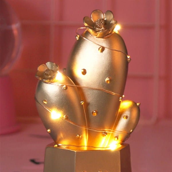 Led Işıklı Sevimli Kaktüs Dekoratif Masa Lambası Mini Biblo Gece Lambası Gold Bonvagon