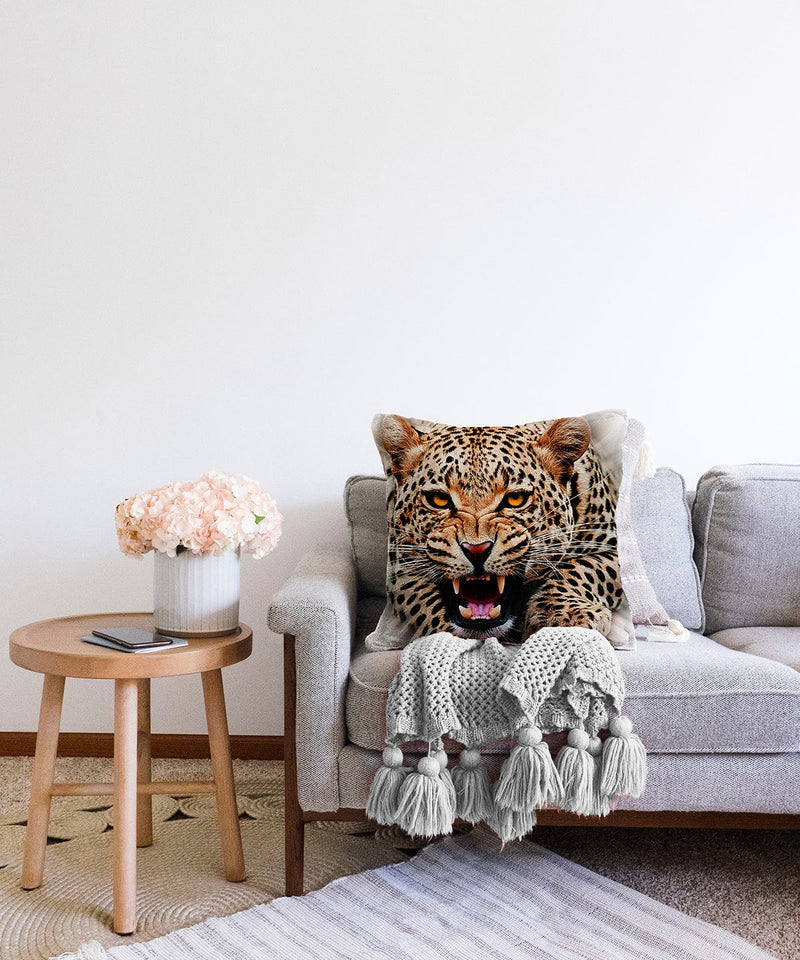 Leopar Resimli Dijital Baskılı Dekoratif Raşel Kadife Yastık Kırlent Kılıfı Bonvagon