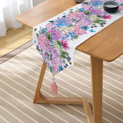 Lila Renk Salkım Zambak Desenli Dijital Baskılı Özel Tasarım Püsküllü Şönil Üçgen Runner Bonvagon