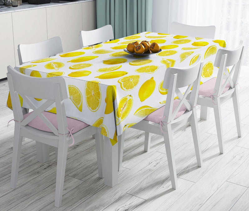 Limon Desenli Beyaz Zemin 3D Dijital Baskılı Dekoratif Leke Tutmaz Masa Örtüsü Bonvagon