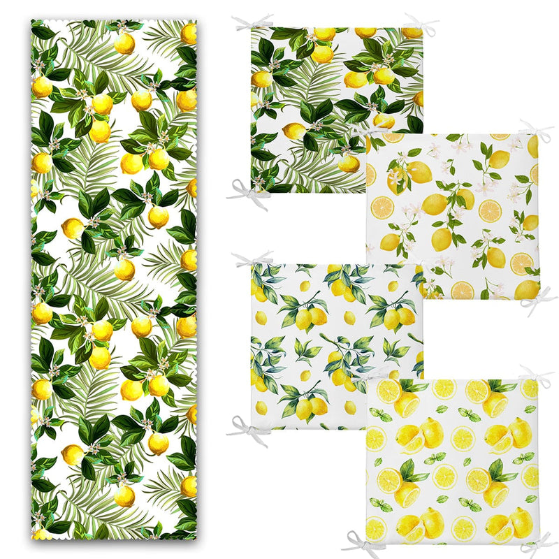 Limon Motifli 4 Fermuarlı Sandalye Minderi ve 1 Runner Seti