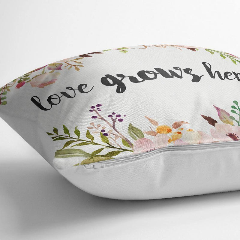 Love Grows Here Yazılı Dijital Baskılı Modern Yastık Kılıfı 43x43cm Bonvagon
