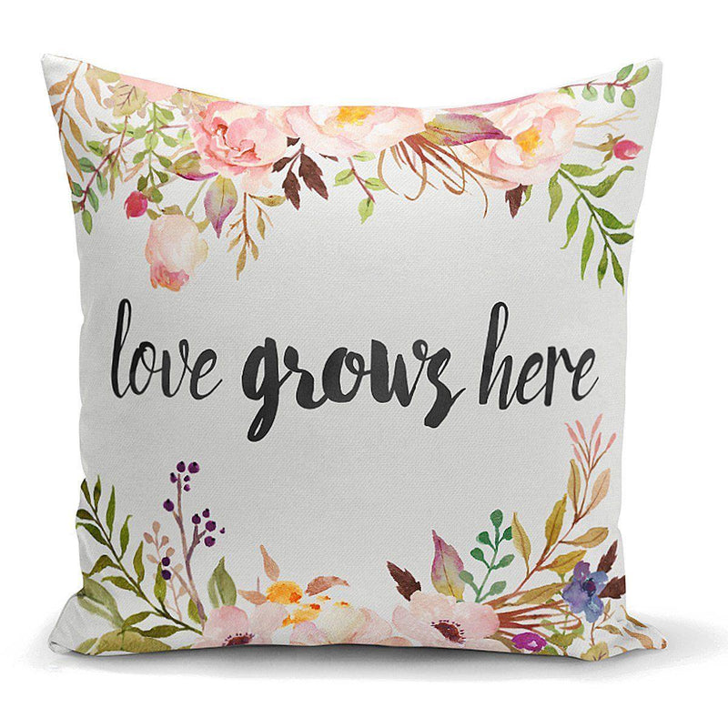 Love Grows Here Yazılı Dijital Baskılı Modern Yastık Kılıfı 43x43cm Bonvagon