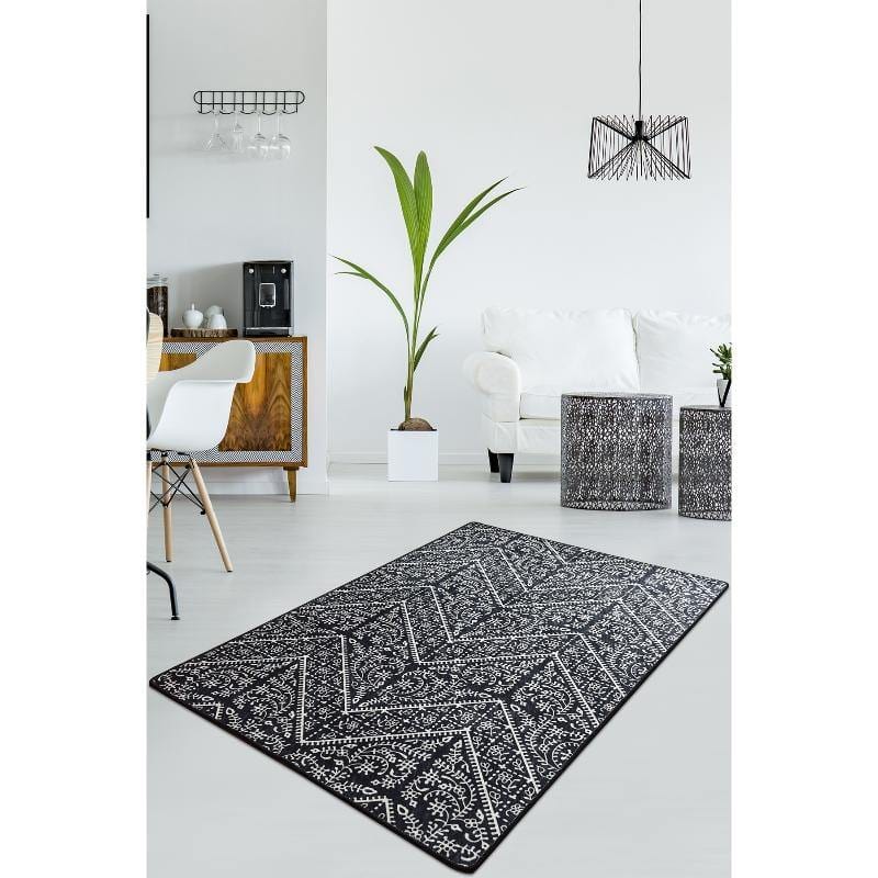 Maggıe Siyah Dijital Baskılı Halı, Kaymaz Taban, Yıkanabilir Bonvagon