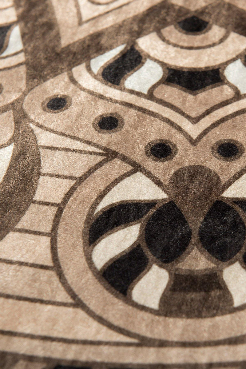 Mandala Bej Dijital Baskılı Çap 100cm Banyo Halısı, Kaymaz Taban, Yıkanabilir Bonvagon