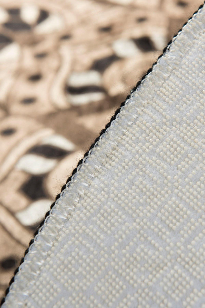 Mandala Bej Dijital Baskılı Çap 100cm Banyo Halısı, Kaymaz Taban, Yıkanabilir Bonvagon