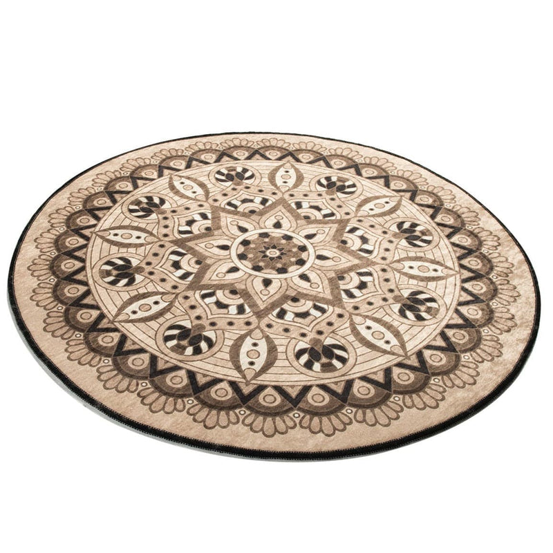 Mandala Bej Dijital Baskılı Çap 100cm Banyo Halısı, Kaymaz Taban, Yıkanabilir Bonvagon