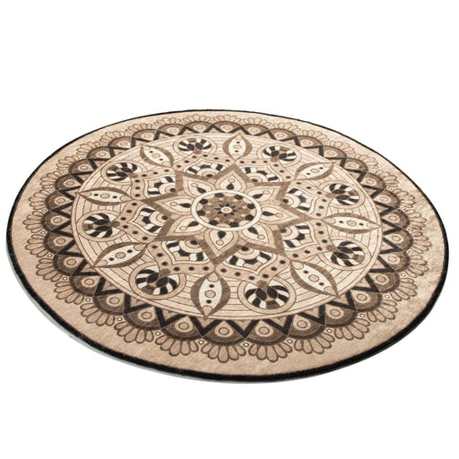 Mandala Bej Dijital Baskılı Çap 100cm Banyo Halısı, Kaymaz Taban, Yıkanabilir Bonvagon