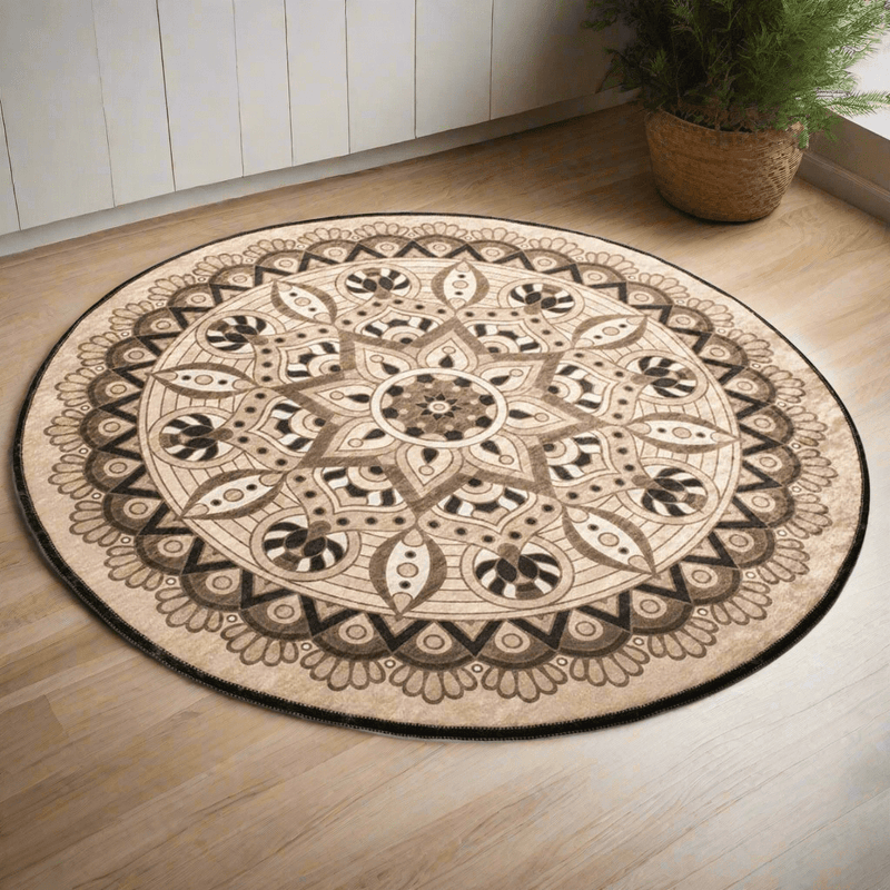 Mandala Bej Dijital Baskılı Çap 100cm Banyo Paspas ve Halısı, Kaymaz Taban, Yıkanabilir Bonvagon