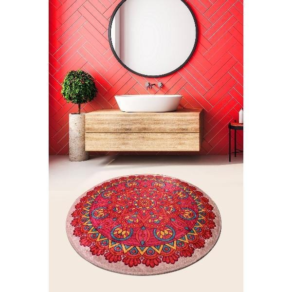 Mandala Renkli Dijital Baskılı Çap 100cm Banyo Halısı, Kaymaz Taban, Yıkanabilir Bonvagon
