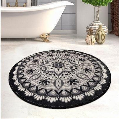 Mandala Siyah Dijital Baskılı Çap 100cm Banyo Halısı, Kaymaz Taban, Yıkanabilir Bonvagon