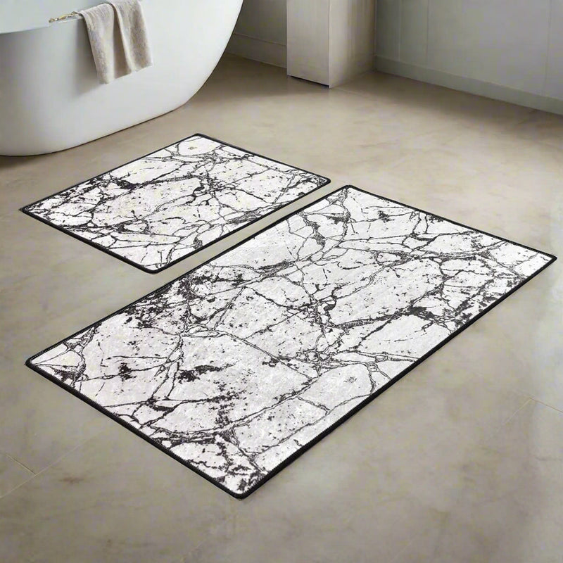 Marble Beyaz 2li Set Dijital Baskılı Banyo Halısı, Kaymaz Taban, Yıkanabilir Bonvagon