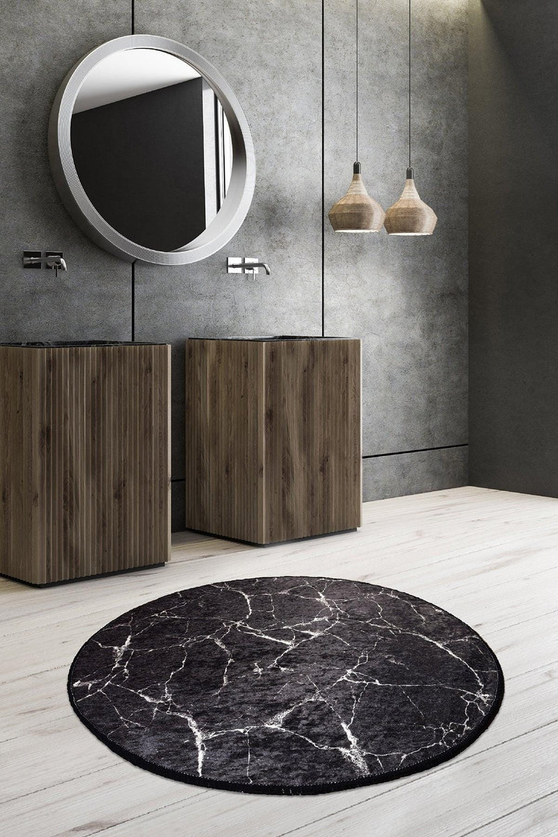 Marble Dijital Baskılı Çap 100cm Banyo Halısı, Kaymaz Taban, Yıkanabilir Bonvagon