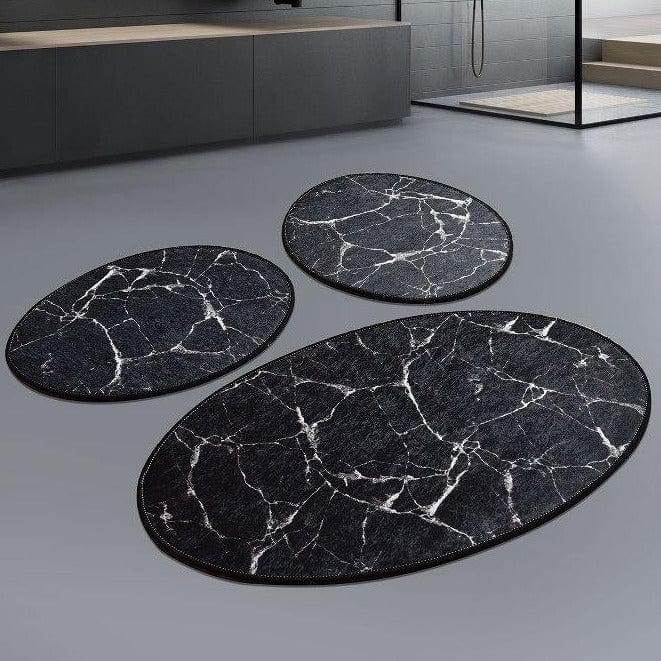 Marble Siyah 3lü Set Dijital Baskılı Banyo Halısı, Kaymaz Taban, Yıkanabilir Bonvagon