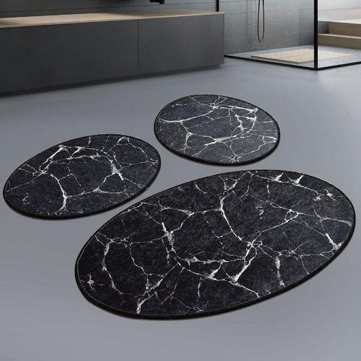 Marble Siyah 3lü Set Dijital Baskılı Banyo Halısı, Kaymaz Taban, Yıkanabilir Bonvagon