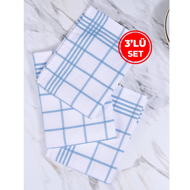 Mavi 3lü Kareli Set Kurulama Bezi Pamuklu Mutfak Havlusu Çok Amaçlı Örtü 50x70cm Bonvagon