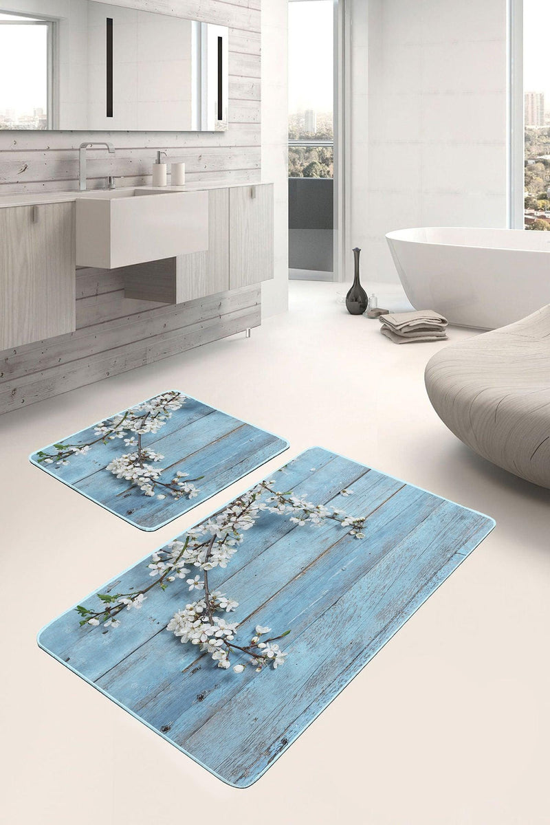 Mavi Ahşap Motifli Çiçek Tasarımlı 2li Banyo Halısı Takımı Kaymaz Taban Yıkanabilir Bonvagon