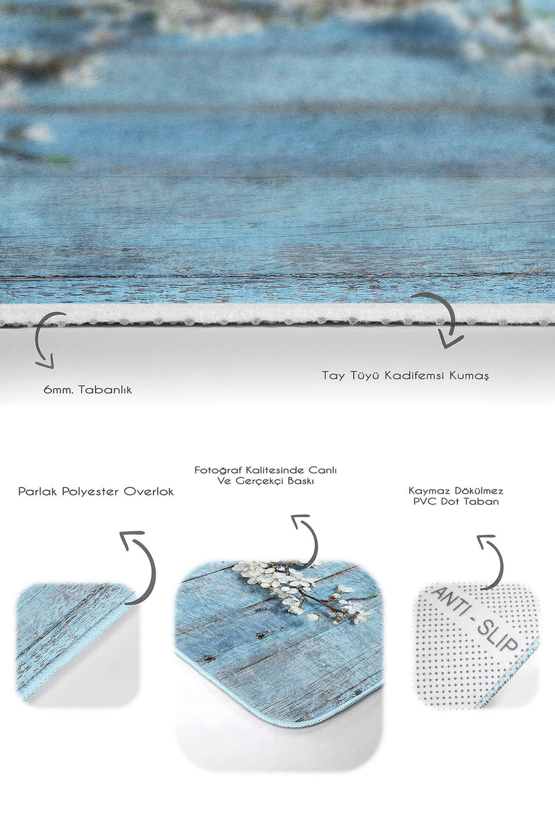Mavi Ahşap Motifli Çiçek Tasarımlı 2li Banyo Halısı Takımı Kaymaz Taban Yıkanabilir Bonvagon