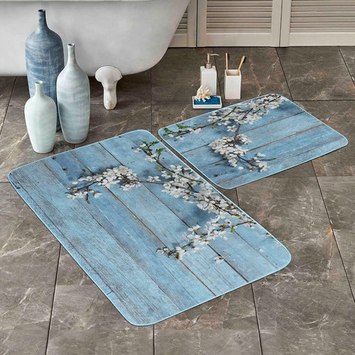 Mavi Ahşap Motifli Çiçek Tasarımlı 2li Banyo Paspas ve Halısı Takımı Kaymaz Taban Yıkanabilir
