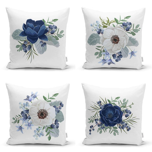 Mavi Beyaz Gül Tasarımlı Dijital Baskılı Modern 4lü Kırlent Kılıfı Seti Bonvagon