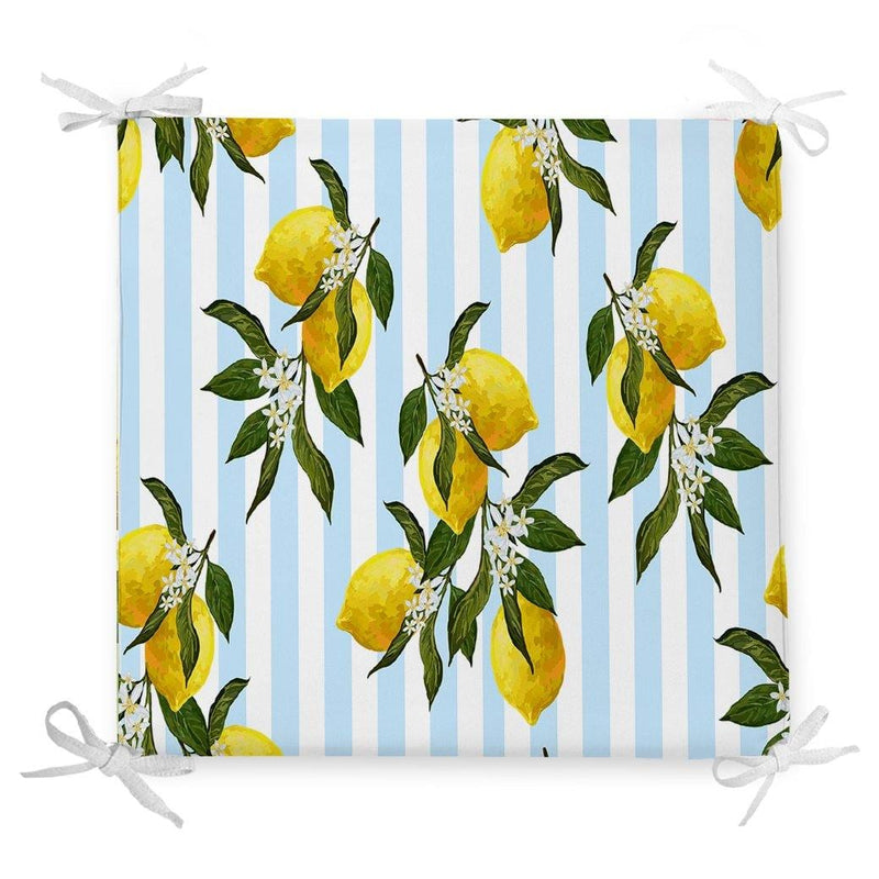 Mavi Çizgili Limon Desenli Dijital Baskılı Dekoratif Fermuarlı Sandalye Minderi Bonvagon