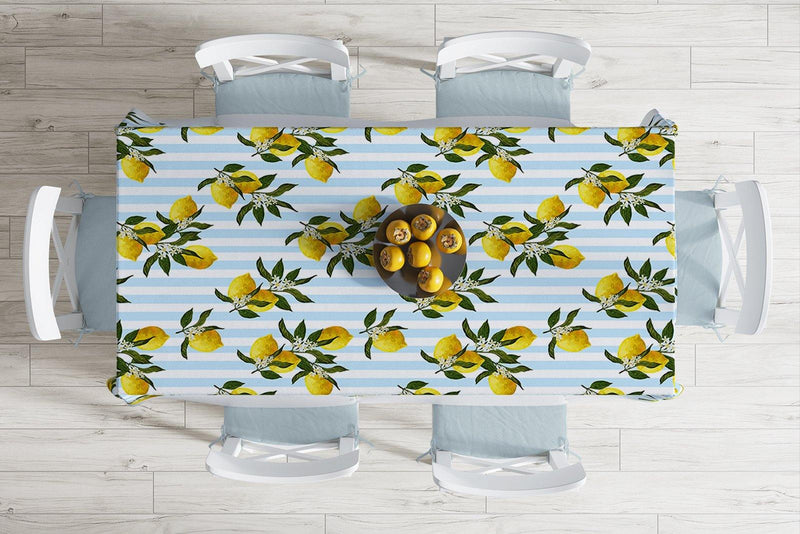 Mavi Çizgili Limon Desenli Dijital Baskılı Dekoratif Leke Tutmaz Masa Örtüsü Bonvagon