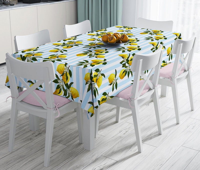 Mavi Çizgili Limon Desenli Dijital Baskılı Dekoratif Leke Tutmaz Masa Örtüsü Bonvagon