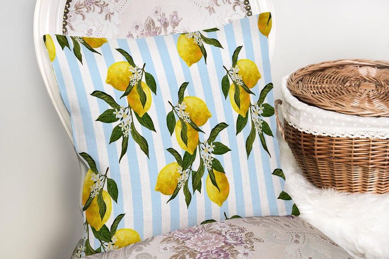 Mavi Çizgili Limon Desenli Dijital Baskılı Dekoratif Yastık Kırlent Kılıfı 43x43cm