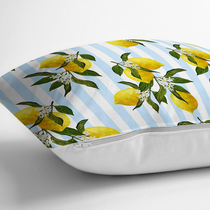 Mavi Çizgili Limon Desenli Dijital Baskılı Dekoratif Yastık Kırlent Kılıfı 43x43cm
