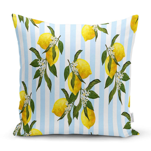 Mavi Çizgili Limon Desenli Dijital Baskılı Dekoratif Yastık Kırlent Kılıfı 43x43cm