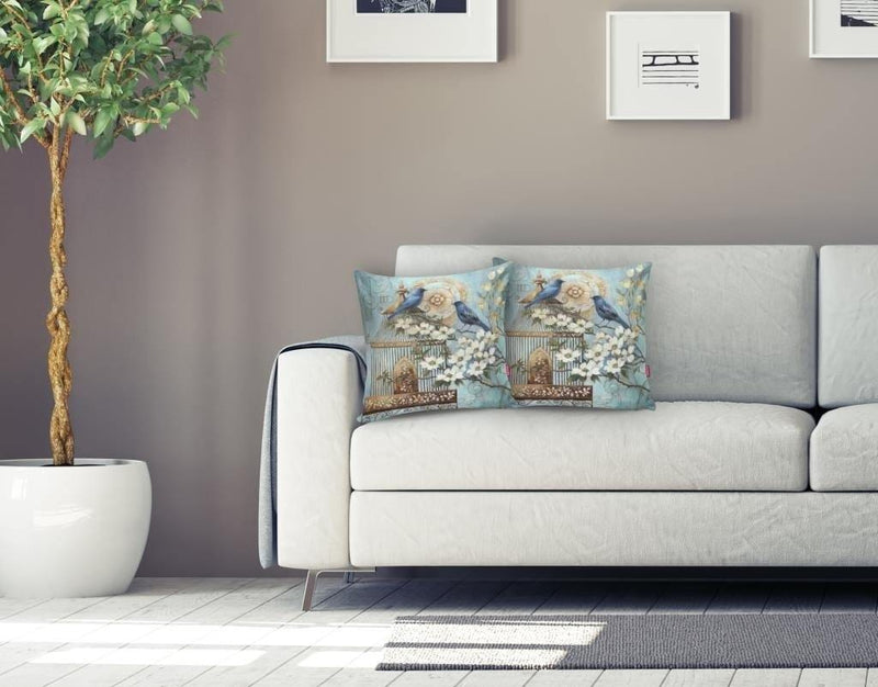 Mavi Kuş Desen Dijital Baskılı Dekoratif Yastık Kırlent Kılıfı 43x43cm