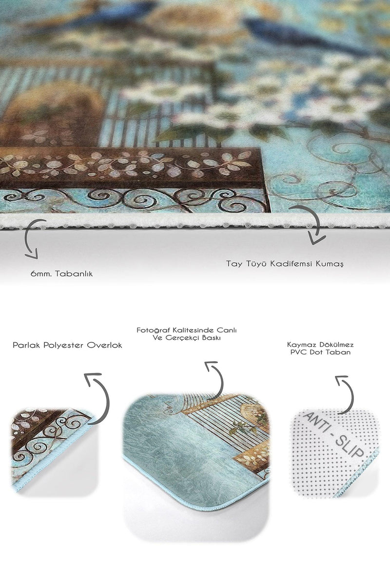 Mavi Kuş Özel Tasarım Dijital Baskılı 2li Banyo Halısı Takımı Kaymaz Taban Yıkanabilir Bonvagon