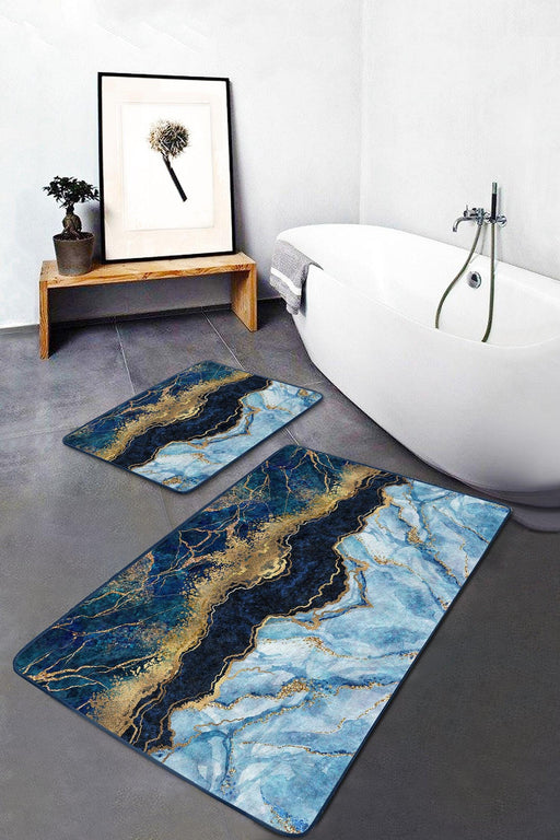 Mavi Lacivert Mermer Tasarımlı Dijital Baskılı 2li Banyo Halısı Takımı Kaymaz Taban Yıkanabilir Bonvagon